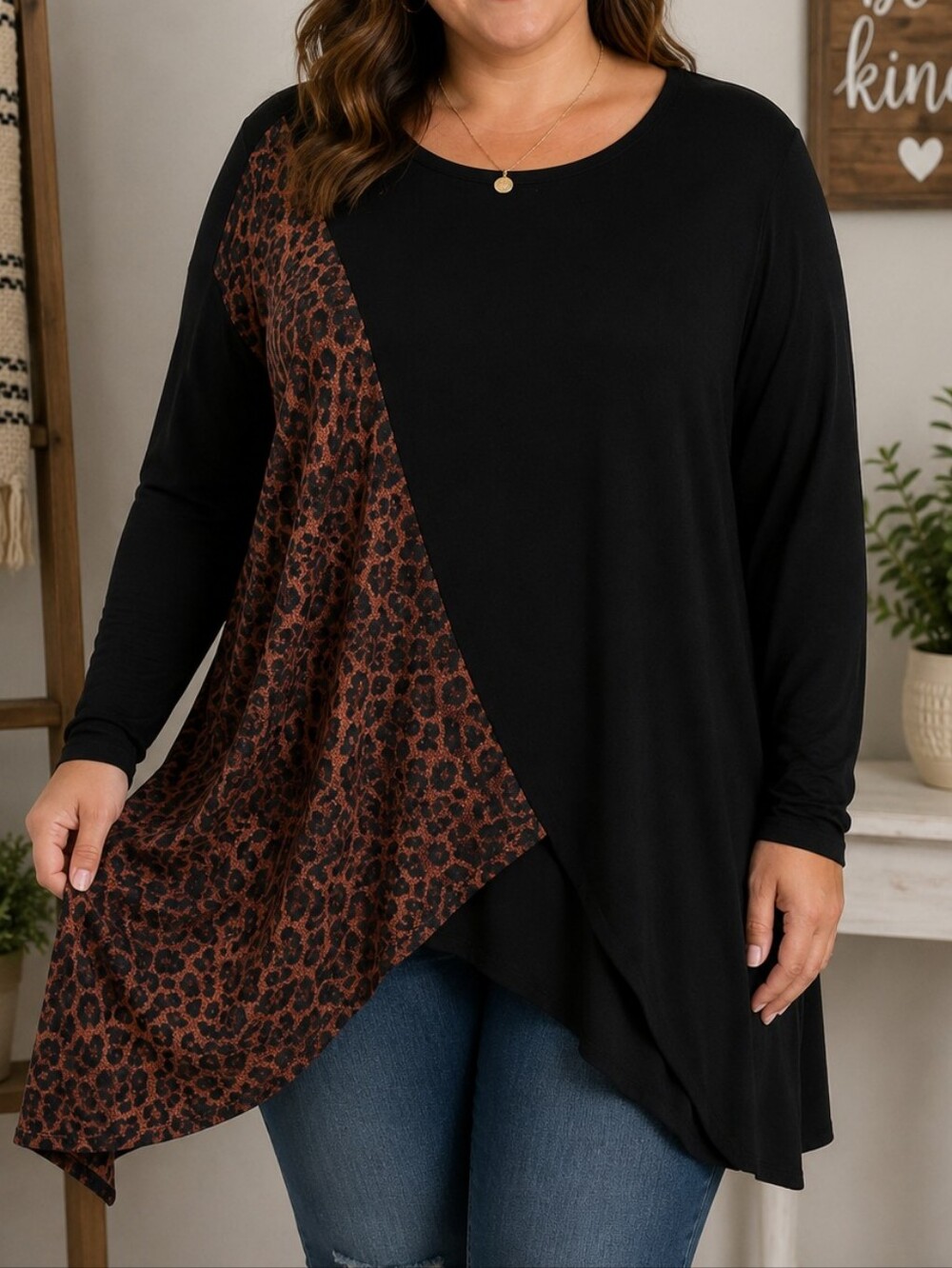 Cato Black Tunic with Brown Leopard Diagonal Panel
